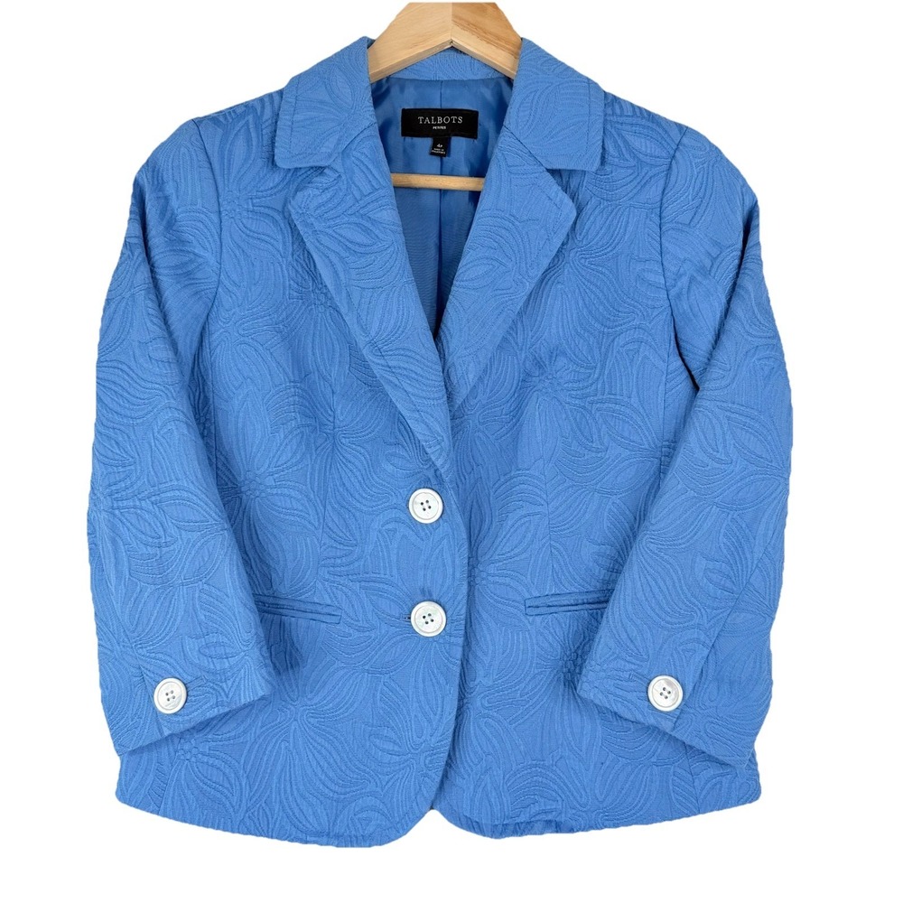 TALBOTS‎ Jacquard Blazer Jacket women's SZ-4P blue floral TEXTURED COTTON BLEND